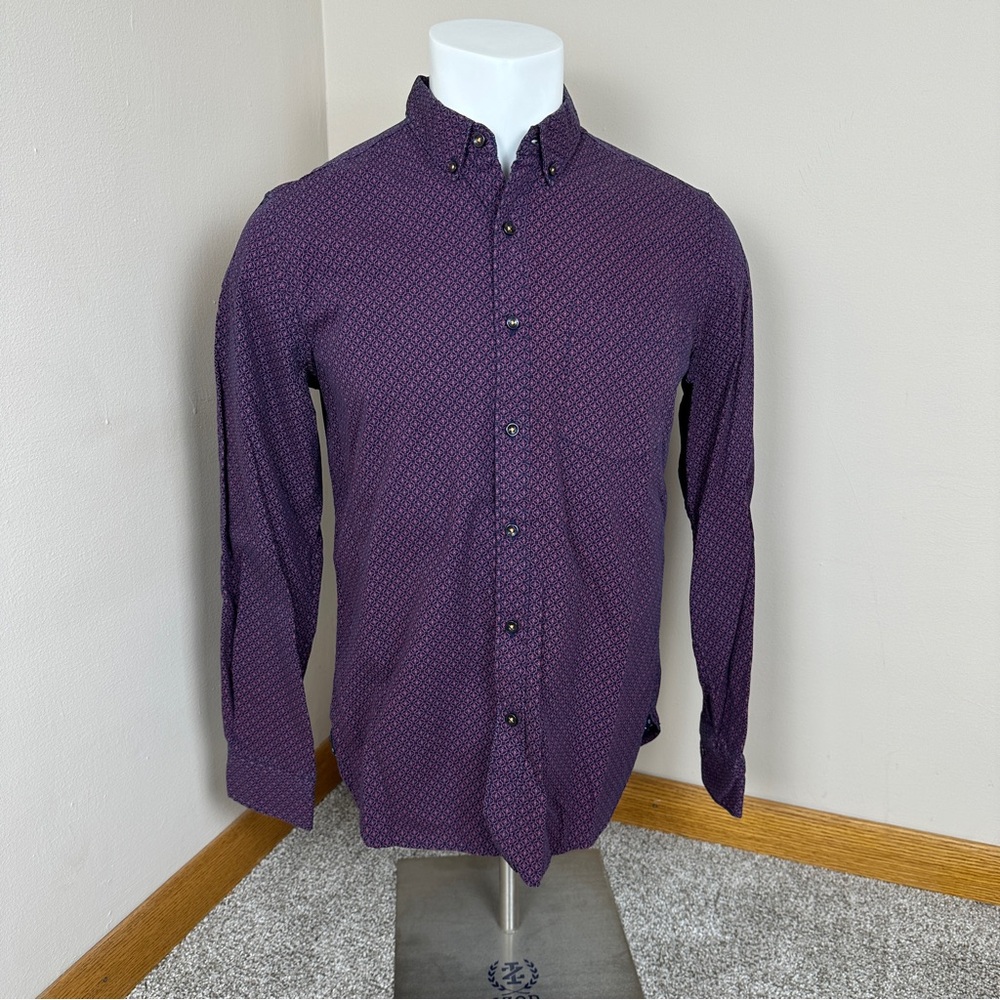 Denim & Flower Slim Fit Button Down Shirt Navy with Geometric Pattern